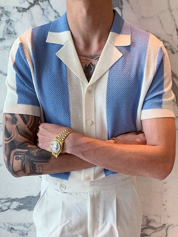 Wiaofellas Summer Short Sleeve Knitted Polo Shirt Casual Men Button-up Turn-down Collar Tops Mens Fashion Striped Polos Man Streetwear
